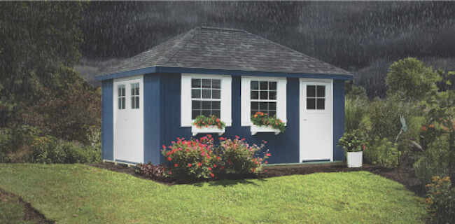 Blue shed in the rain