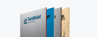 Exploded view of four panels of LP products with LP TechShield at the front.