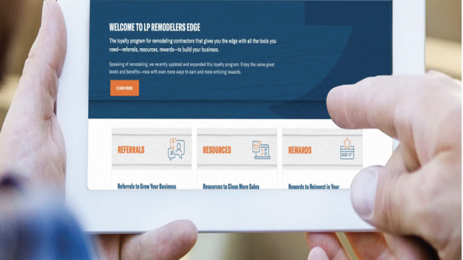 Two sets of hands holding an iPad viewing the Remodeler's Edge landing page